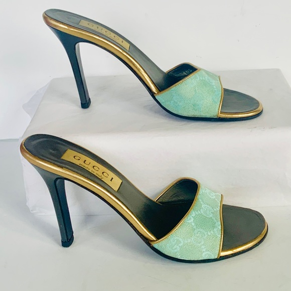 Gucci GG logo blue green canvas slide sandal37.5